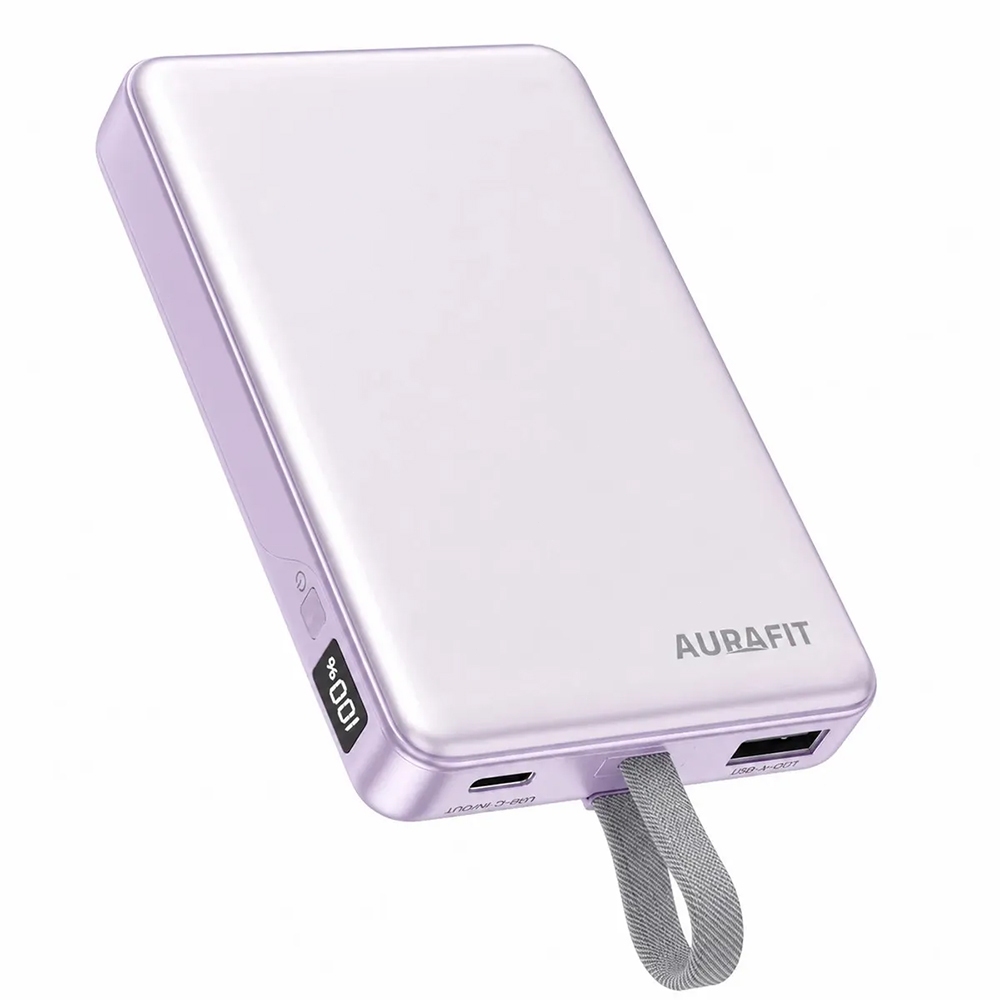 Power Bank 35W 10000mAh 18mm Lilás Claro 3 Portas Cabo Embutido AURAFIT