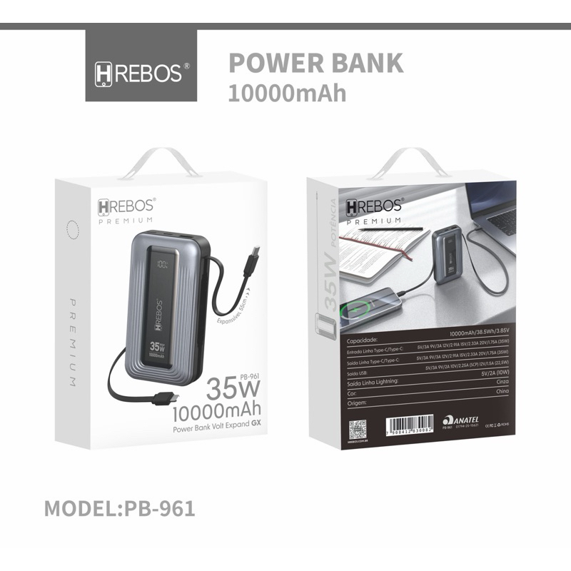 Power Bank 10000mAh 35W Hrebos PB-961 Turbo Com Display Digital e Cabo Integrado