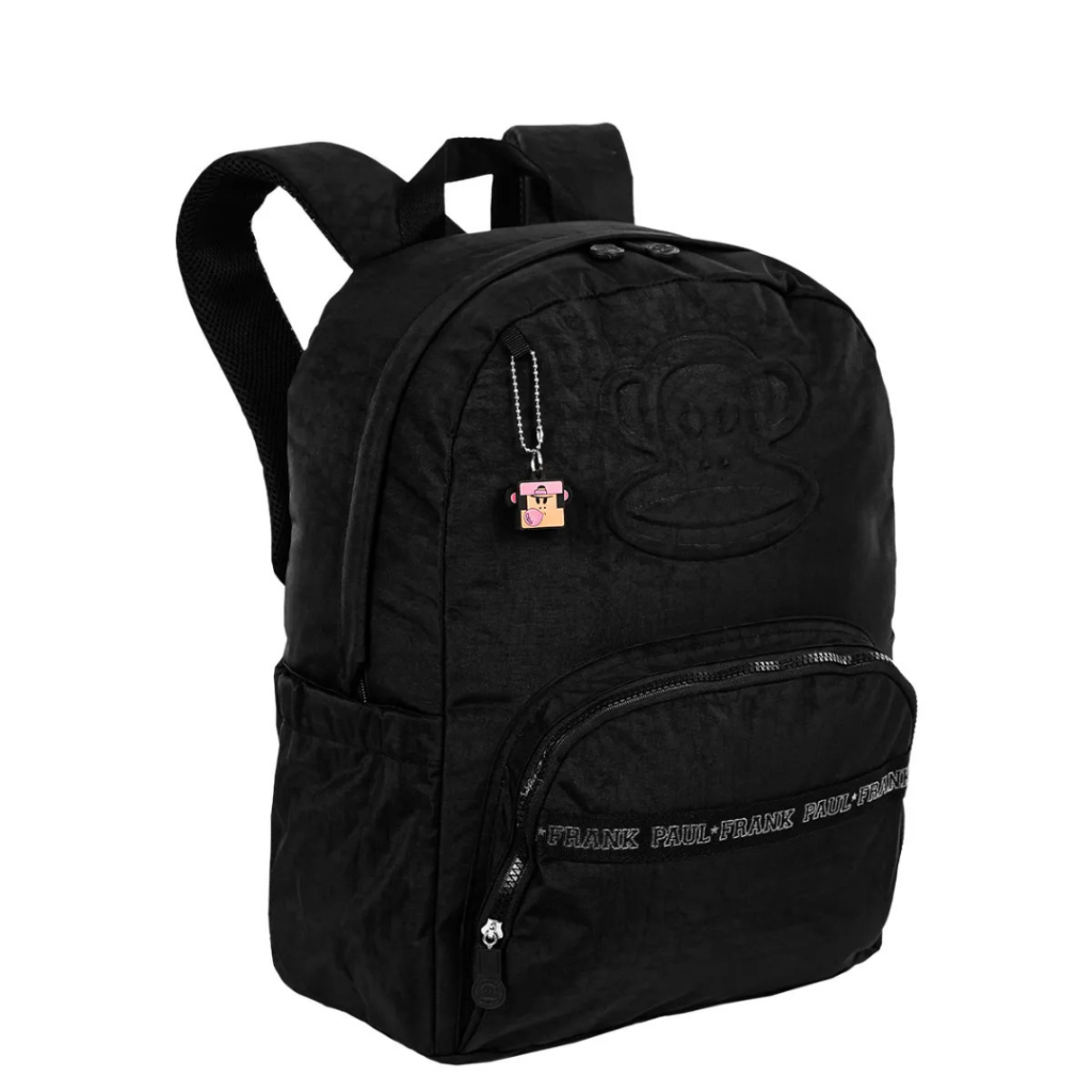 Mochila Paul Frank Classics Grande 20L Preta com Chaveiro | Ideal para Escola, Trabalho ou Viagem