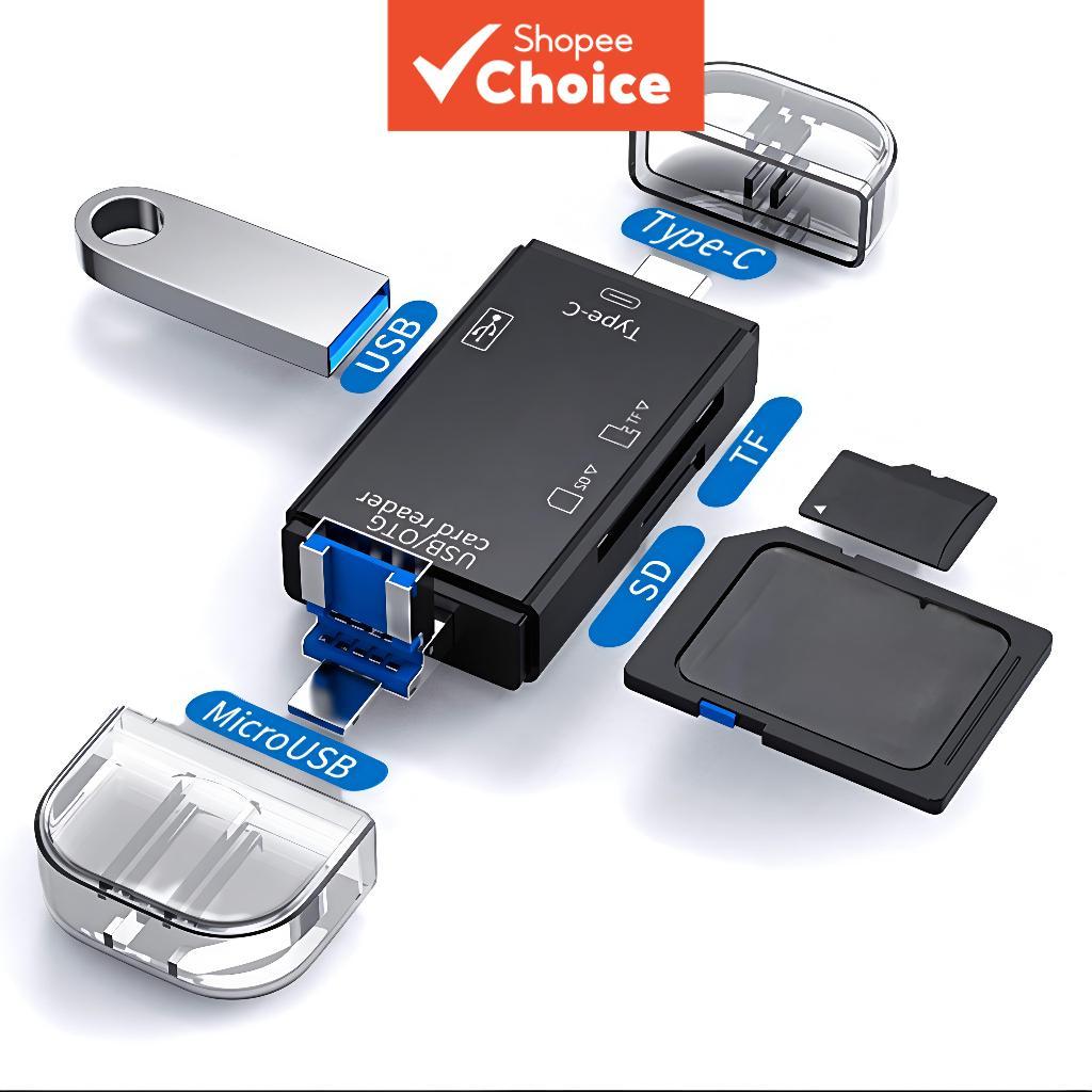 6 em 1 Leitor de Cartão USB Tipo-C, Capa Flip para Adaptador Micro para Smartphones e Computadores, Cartão USB2.0 OTG,