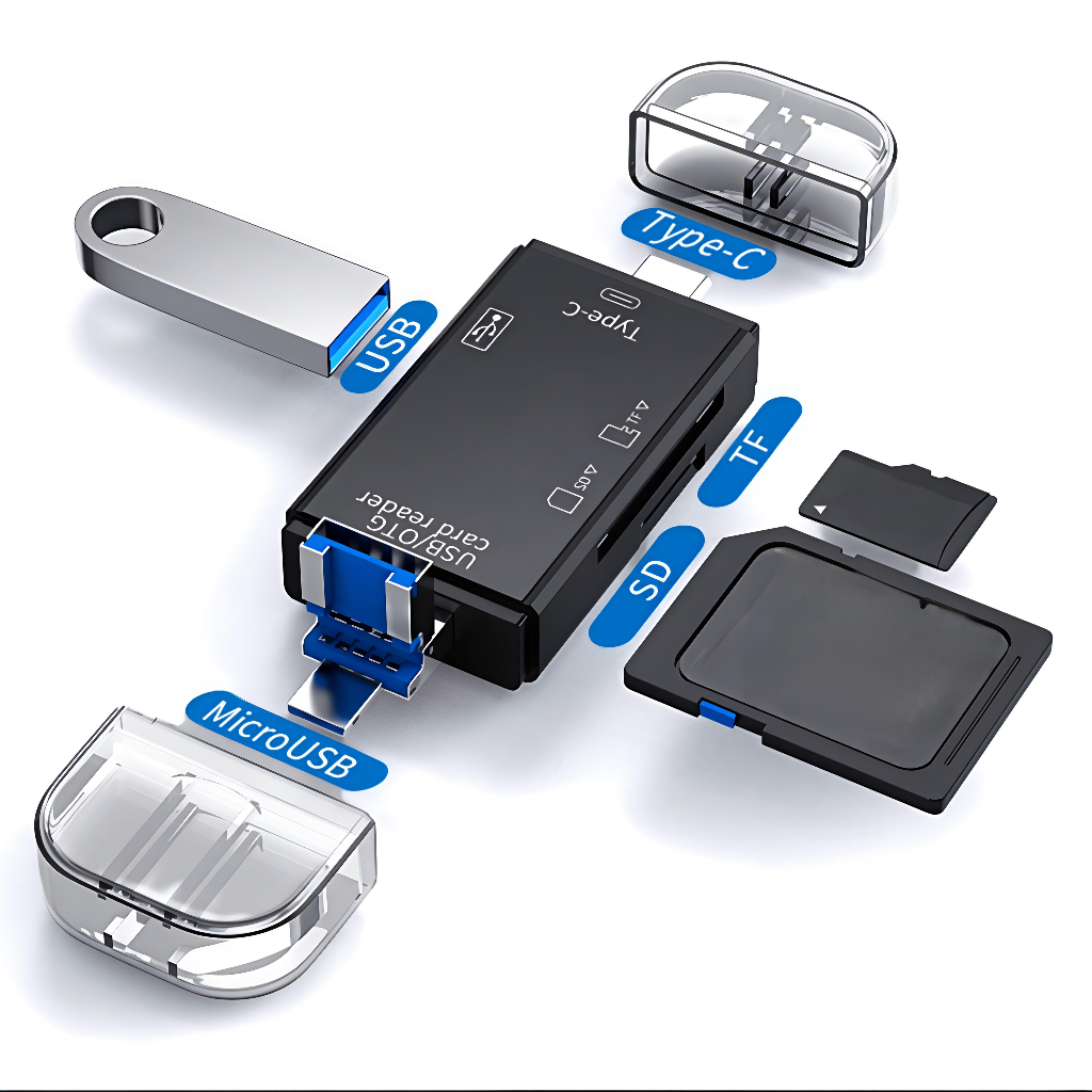 6 em 1 Leitor de Cartão USB Tipo-C, Capa Flip para Adaptador Micro para Smartphones e Computadores, USB2.0 OTG Card,