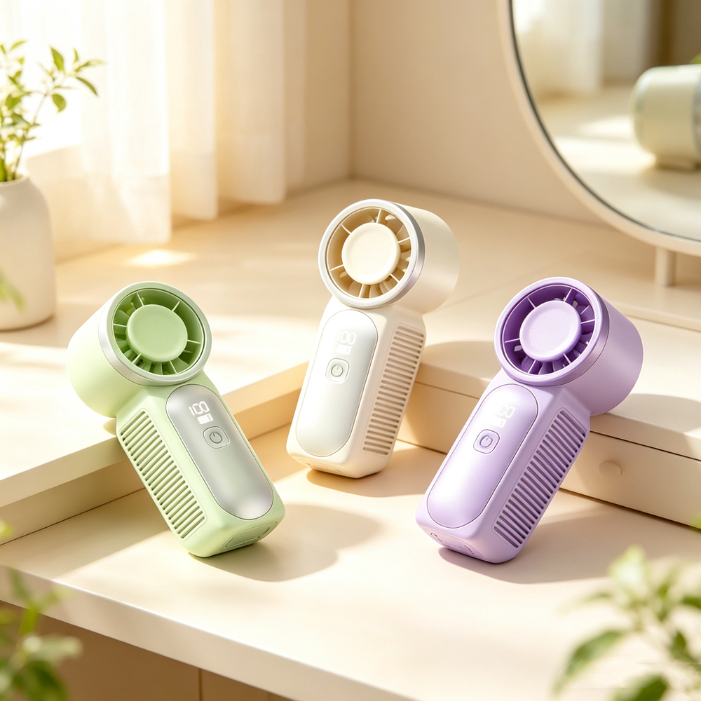 Ventilador portátil de mão mini com ajuste de 5 velocidades, recarregável via USB-C, display digital, ideal para uso em