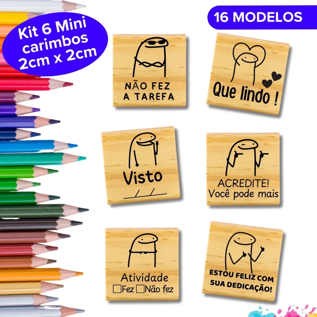 Mini Carimbo Pedagógico 2x2cm Kit Flork Bento Meme Carimbo Professora Escolar Educação Infantil