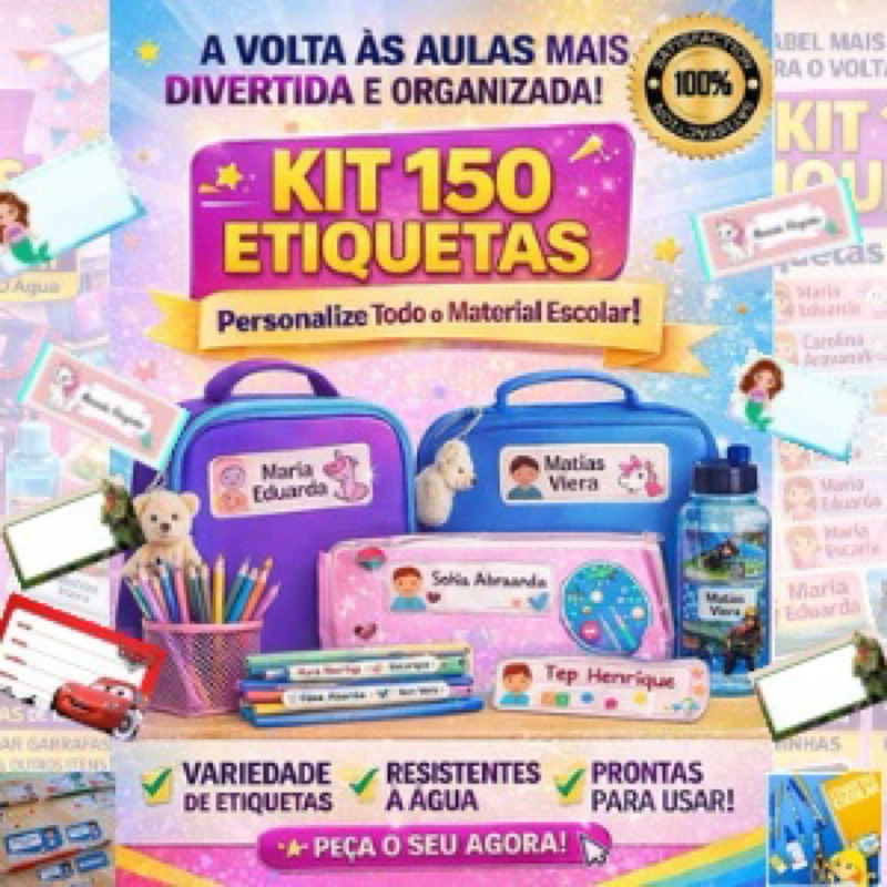 Kit 150 Etiquetas Escolares Personalizadas | Nome Infantil à Prova D’Água | Não Perde Material