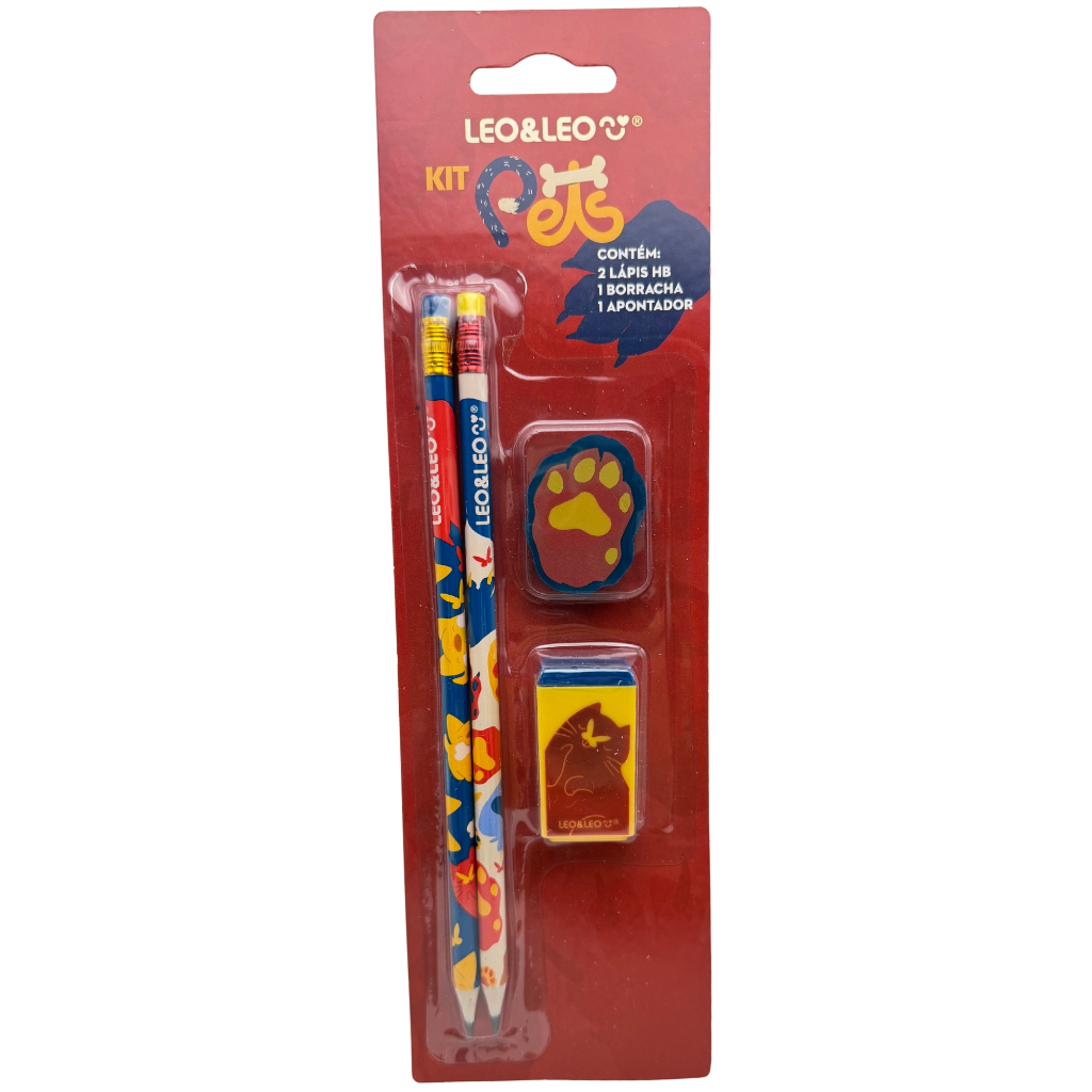Kit Lápis HB Pets Leo & Leo com Borracha e Apontador Material Escolar Infantil Papelaria Fofa