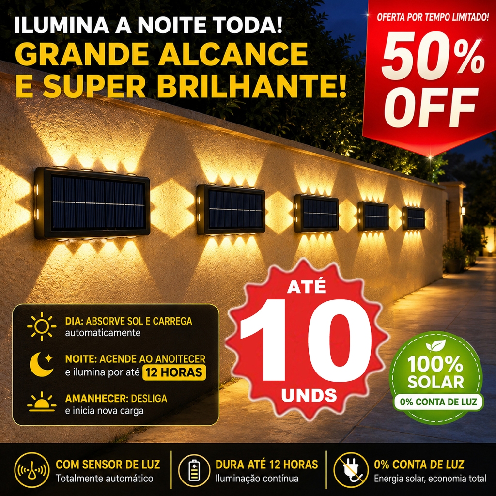 Até 10 Arandelas Solares Externas Impermeáveis com Sensores de Luz, Acende/Apaga Sozinha, Duração de 12h/2h, Luz Quente