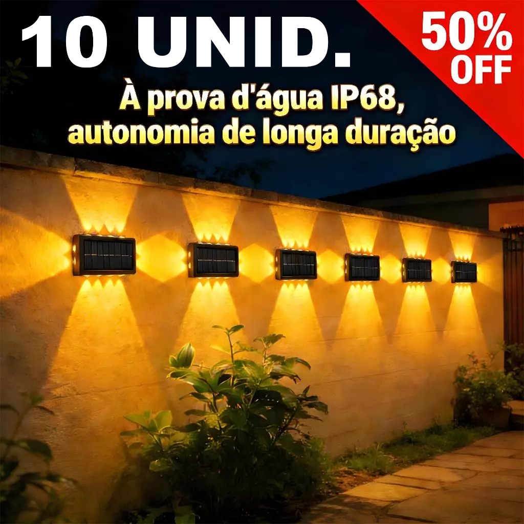 Até 10 Arandelas Solares Externas Impermeáveis com Sensores de Luz, Acende/Apaga Sozinha, Duração de 12h/2h, Luz Quente