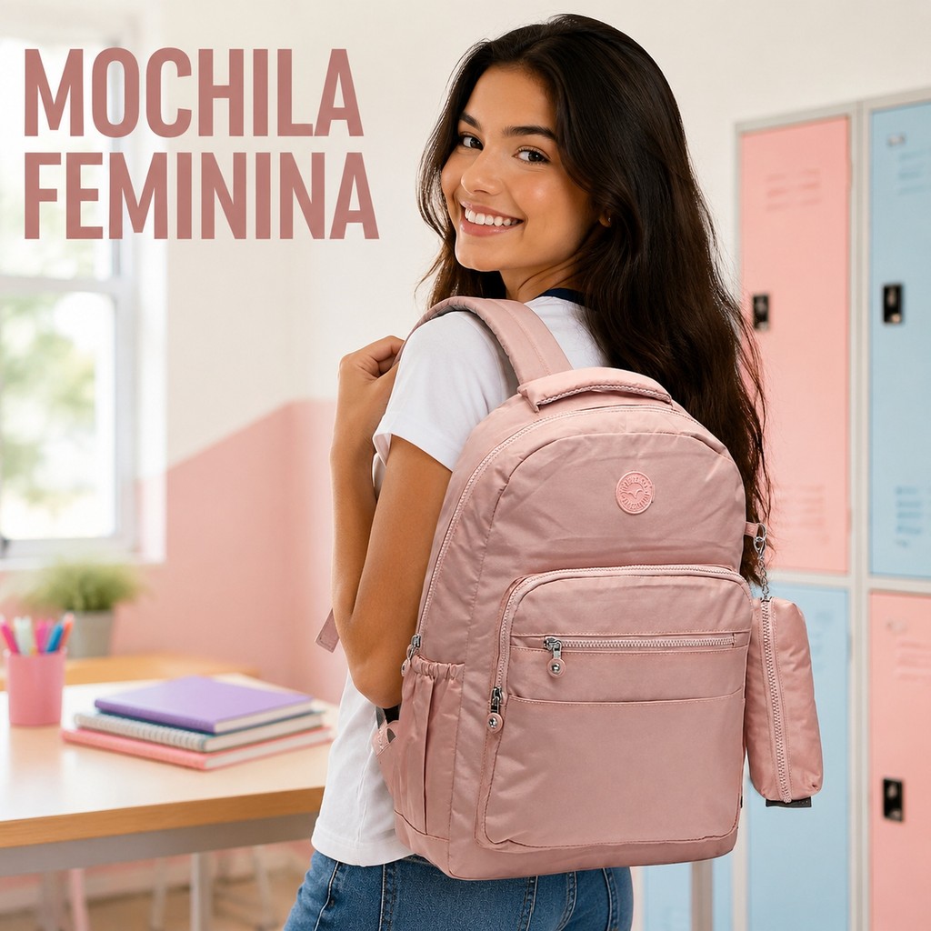 Mochila Feminina Casual Notebook 14” Nylon Resistente Faculdade Trabalho Viagem