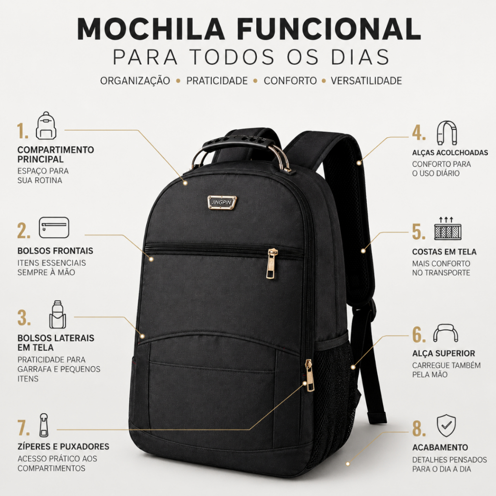 Mochila Notebook 15’ Casual Preta Alça Aço Pequena Escolar Faculdade Escola Passeio Leve Confortável Masculina