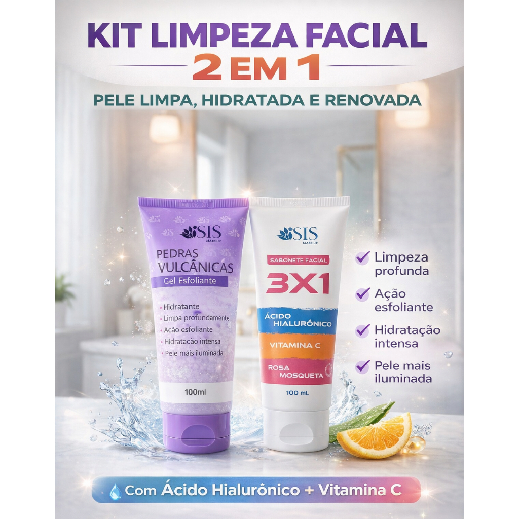 kit com 2 itens Skincare Limpeza Facial + Hidratação com Ácido Hialurônico e Vitamina C