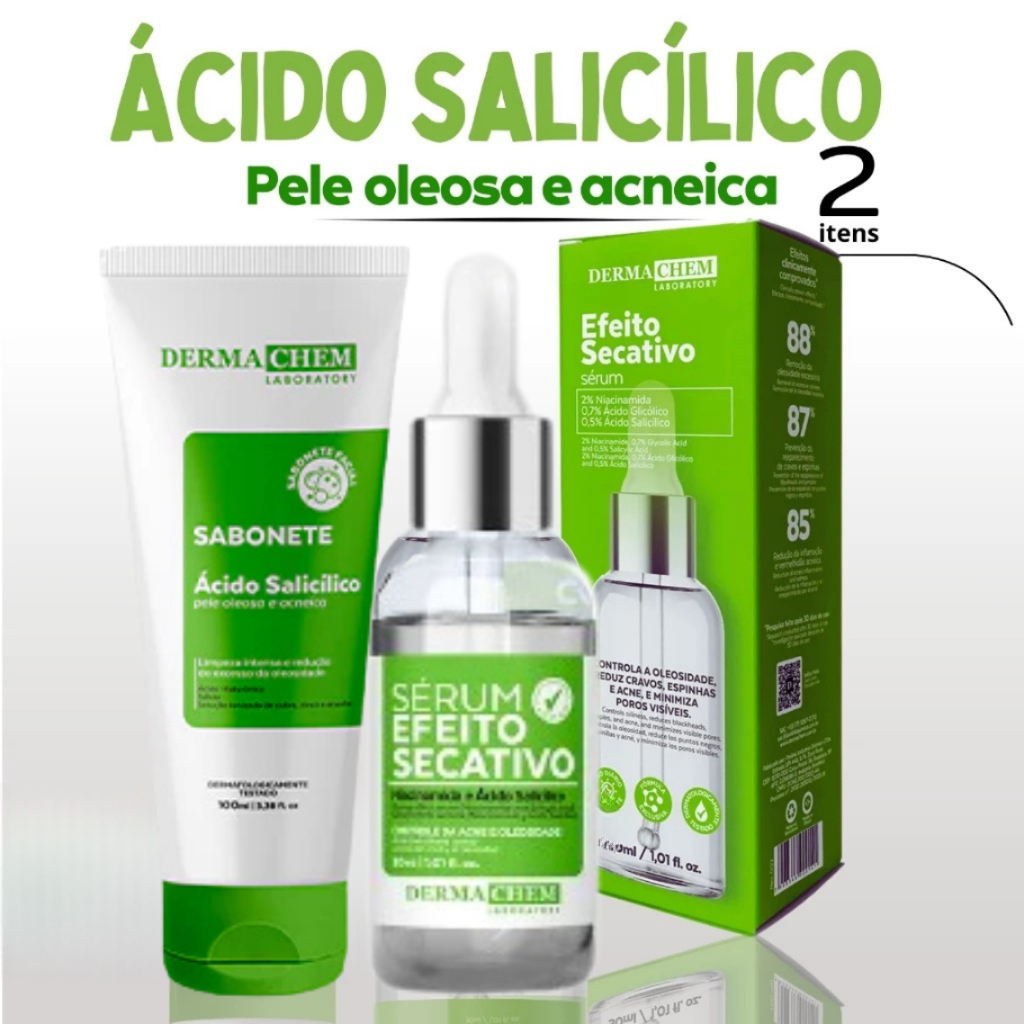 Kit Tratamento de acne Sabonete Facial Ácido Salicílico Oleosidade + Sérum Efeito Secativo Dermachem
