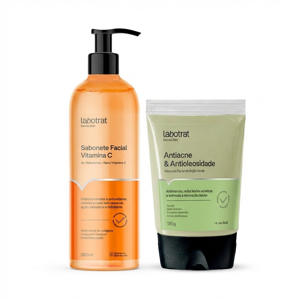 Kit Skin Care Sabonete Vitamina C 280ml e Máscara Antiacne 130g Tratamento Oleosidade Manchas e Espinhas