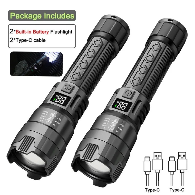 High Strong Power Led Flashlights 2000LM Tactical Torch with Display Light USB Charging Camping Fishing Emergency Zoom L