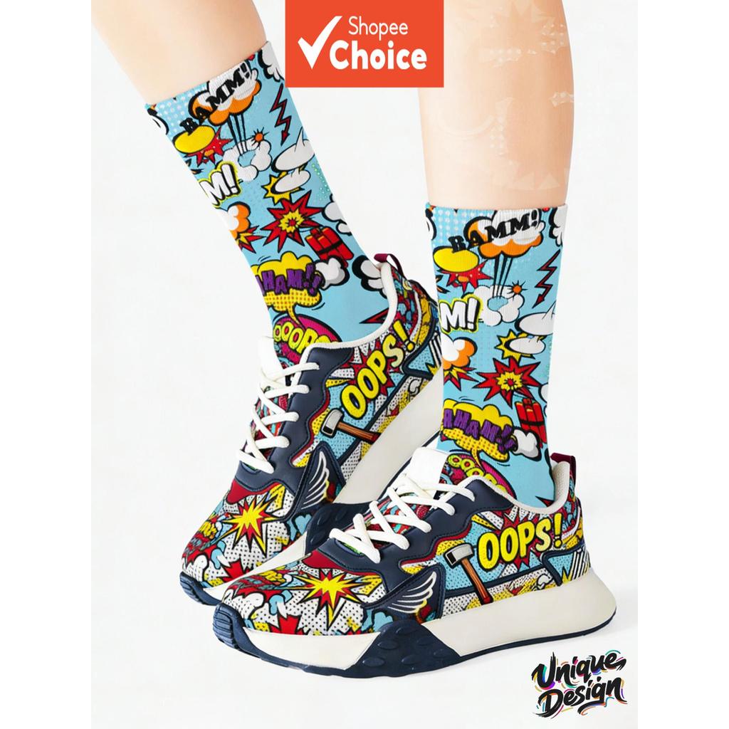 Pop Art Comic Book Sound Effect Crew Socks Vibrante Cartoon Print Novidade Meias