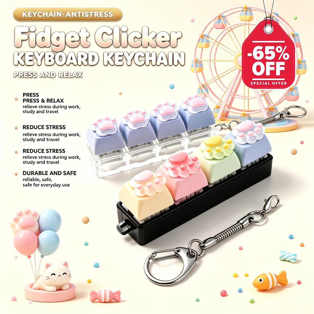 4keycap Fidget Clicker Chaveiro Cat Paw Cartoon Teclado Sound Sensory Backpack Pingente Natal CNY Party Gift Viral COD