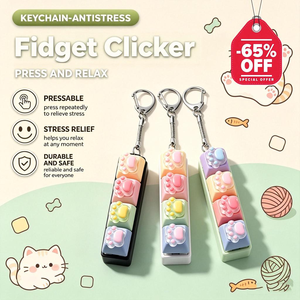 4keycap Fidget Clicker Chaveiro Cat Paw Sound Teclado Sensorial Cartoon Cute Backpack Pingente CNY Presente De Festa De