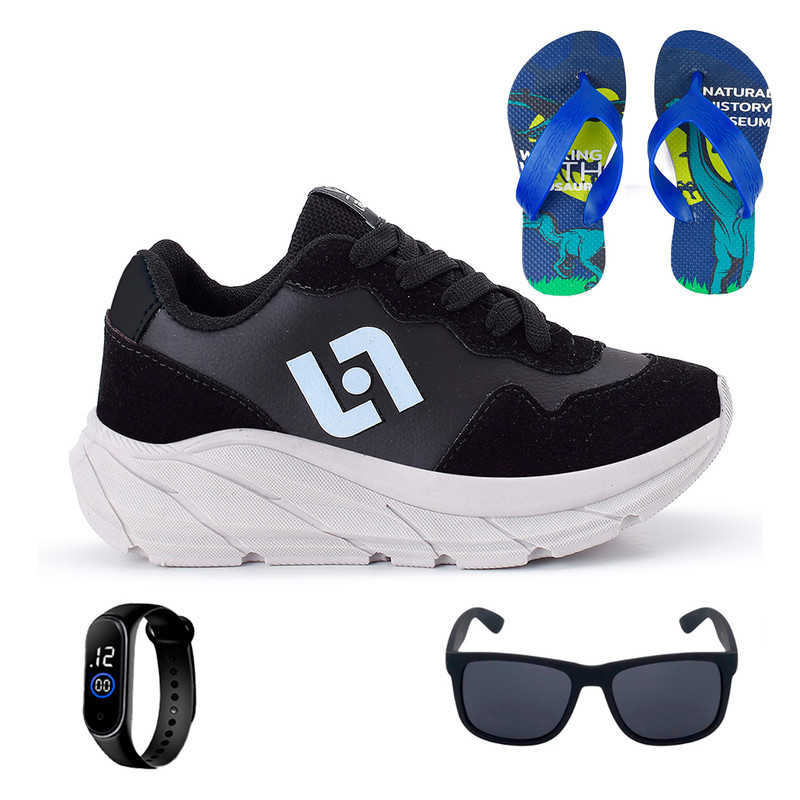 Tênis Ultra Macio para Escola Masculino Infantil + Chinelo Leve + Relógio Digital + Óculos Escuro
