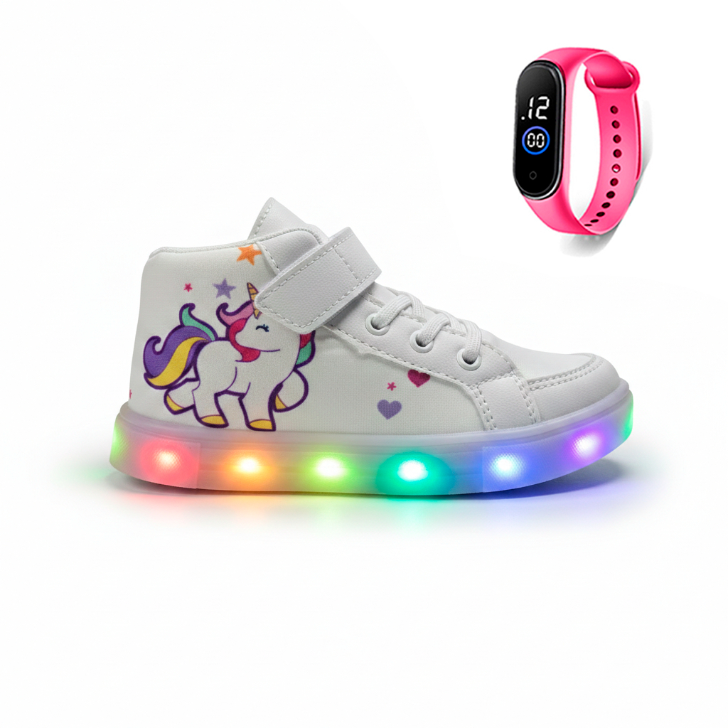 Botinha Infantil para Meninas de Unicórnio com Led Ultra Conforto + Relógeio Digital
