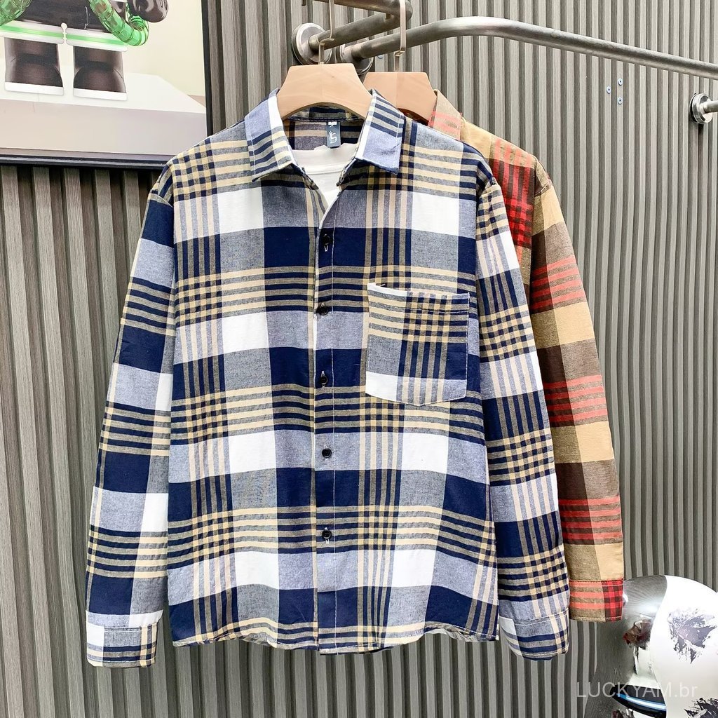 [Japanese-style shirt]Plaid Shirt New spring and autumn men's long-sleeved plaid loose casual shirt top, youth men's out
