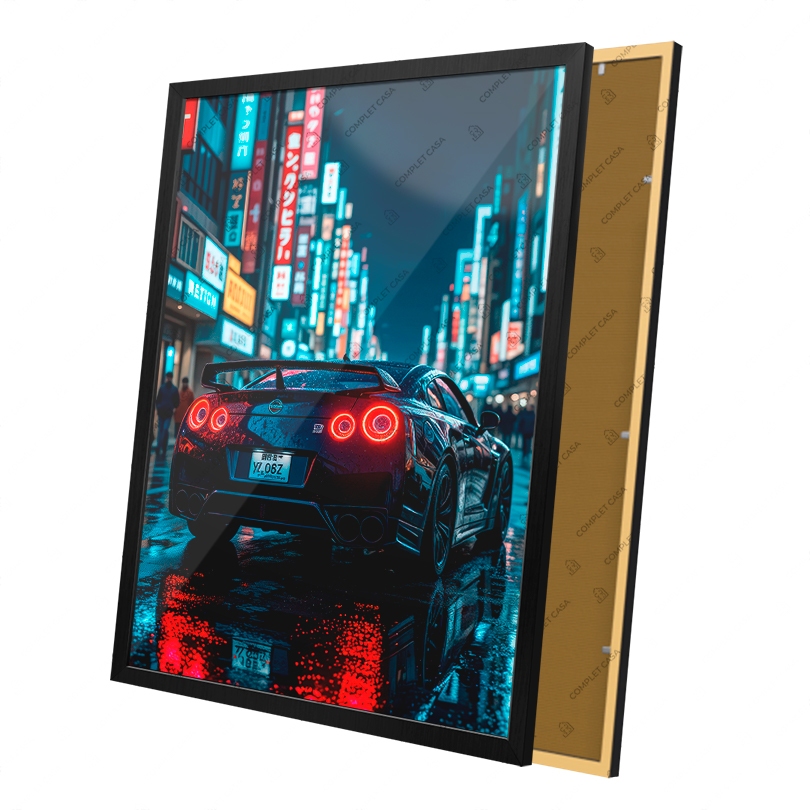 Quadro Carro Nissan GTR R35 Noite Ilumidade com Luzes Neon Moldura e Vidro