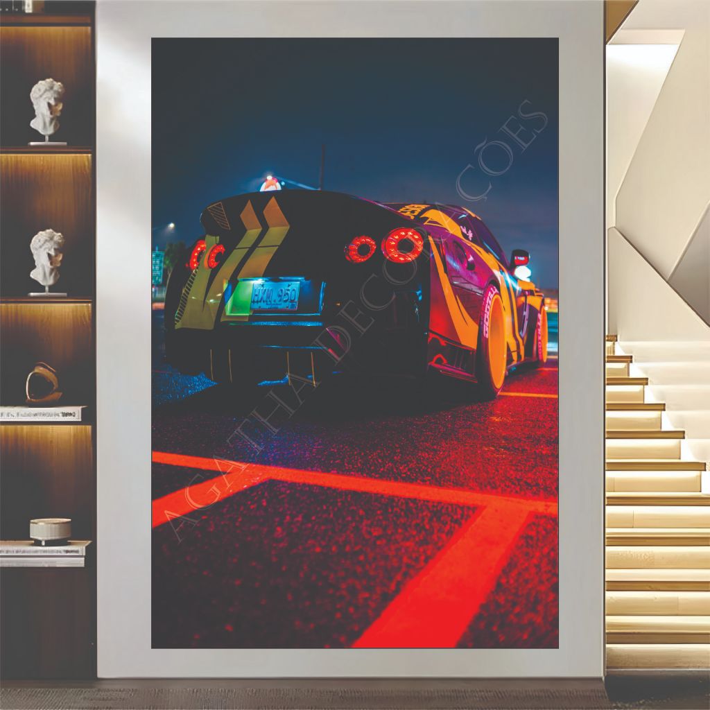 QUADRO DECORATIVO PEÇA ÚNICA CARRO NISSAN GTR R35 FUNDO NEON 4K FULL HD DECORAÇÃO PLACA MDF