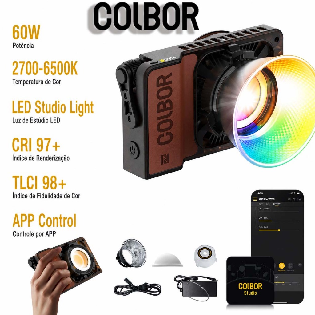 Luz Para Filmagem Foto Video RGB 60W COB Controle App CRI97 Estudio YouTube TikTok COLBOR W60R