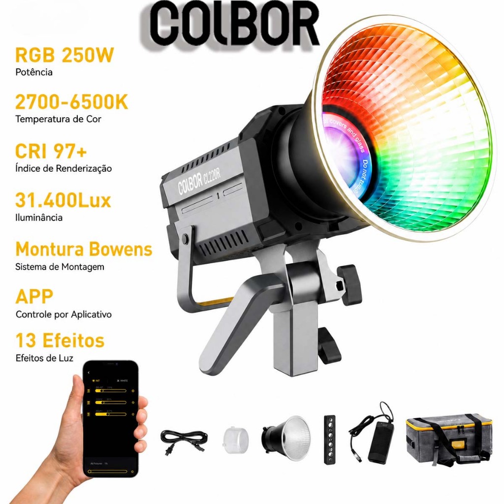 Luz Studio RGB 250W Para Filmagem Live Streaming Foto Video Bowens Controle App CRI97 COLBOR CL220R Iluminacao Pro