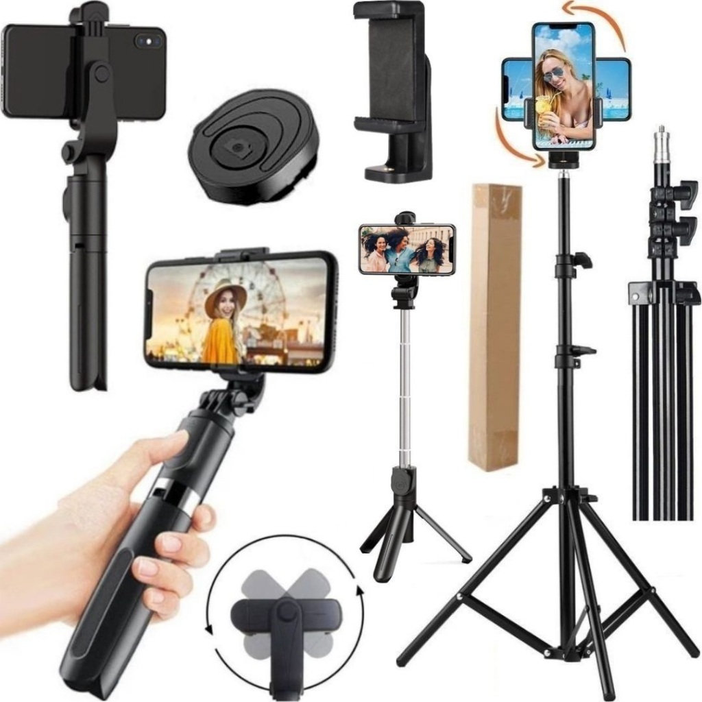 Kit Filmagem Tripé 2m Suporte Celular Iphone 360 Graus + Bastão Selfie Controle Foto Vídeo