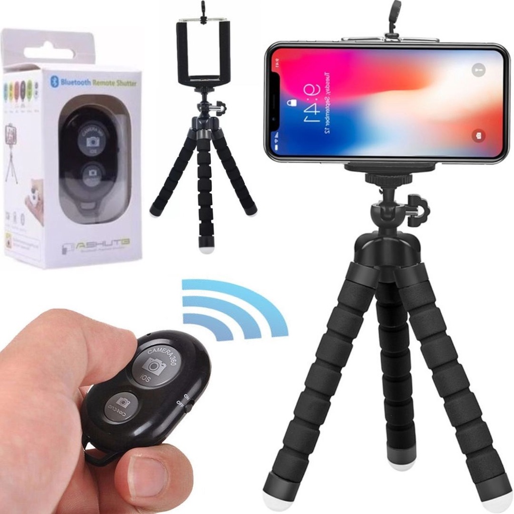 Kit mini tripé flexível suporte para celular controle remoto bluetooth foto vídeo filmagem