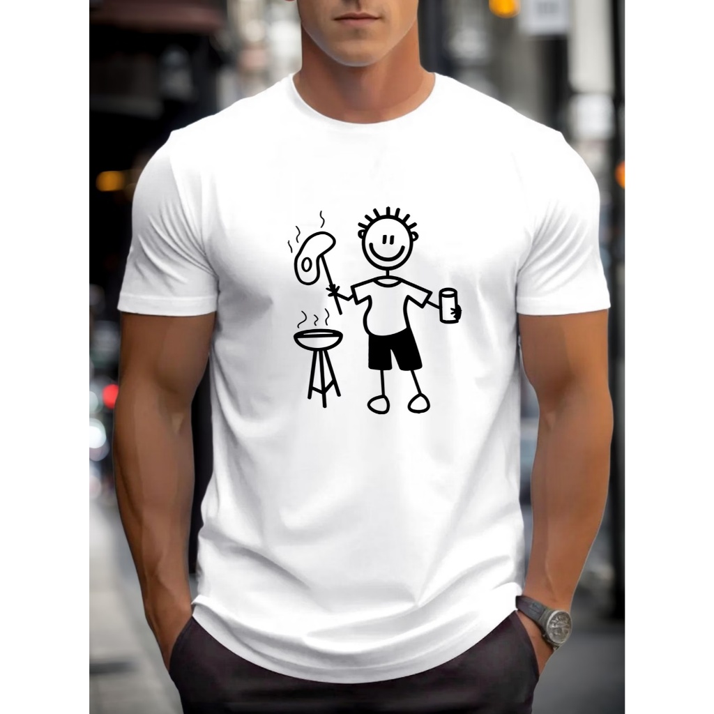 Camiseta masculina churrasqueiro divertido estampa stick figure com grelha vibe casual perfeita para quem ama assar