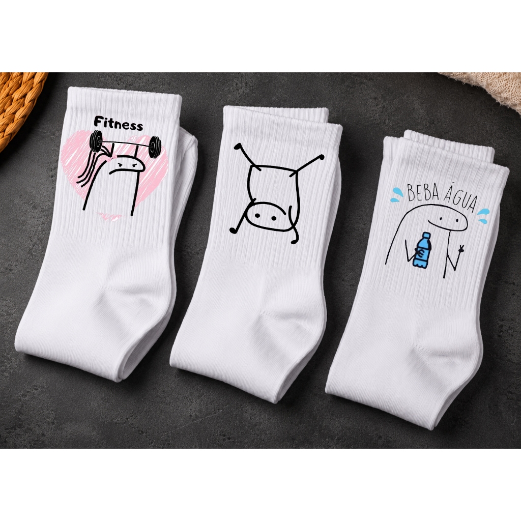 Meia Divertida Academia Stick Figure – Kit 3 Pares Engraçadas Fitness Unissex