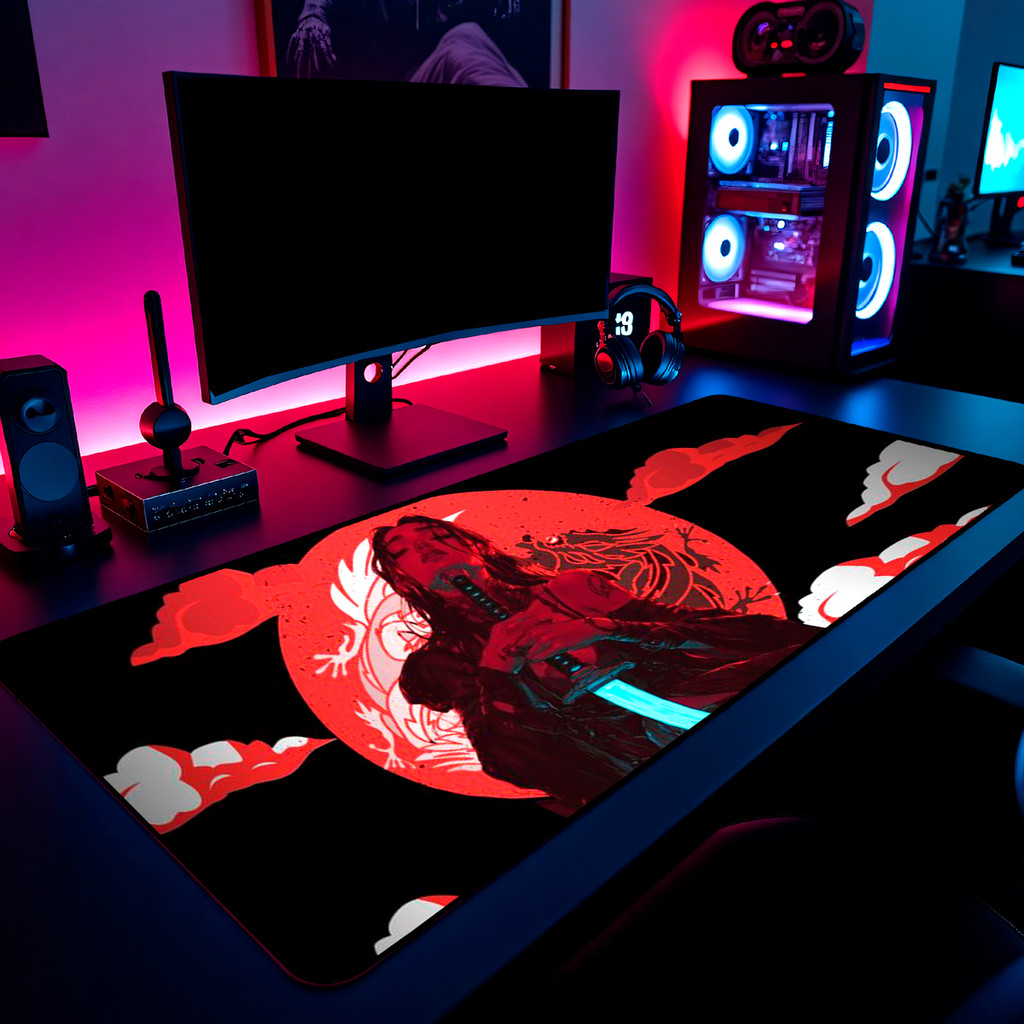 Mouse Pad Gamer Mulher Guerreira Lua Vermelha 65x30cm 80x40cm 90x50cm 120x60cm Borda Costurada