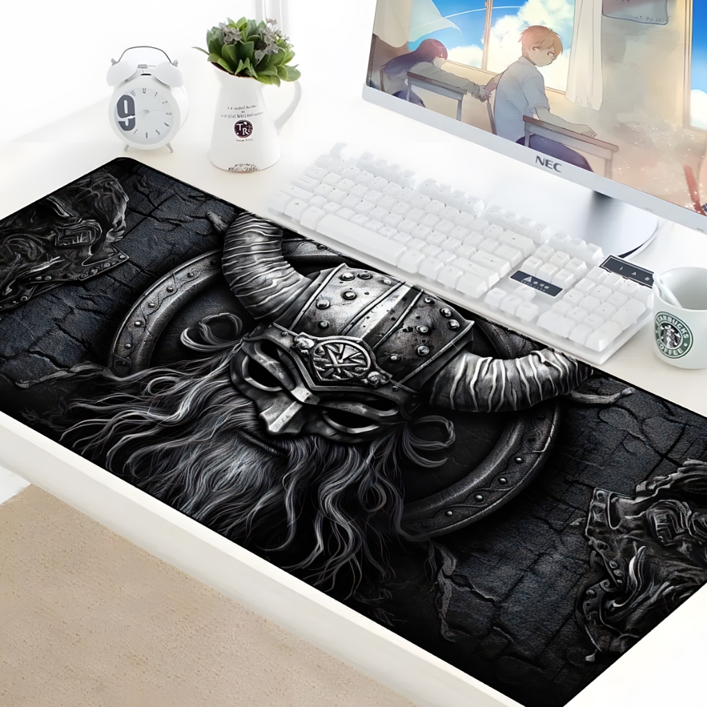 Mouse Pad Gamer p/ Destktop Borda Costurada Periférico Tema Vikings Guerreiros Nordicos
