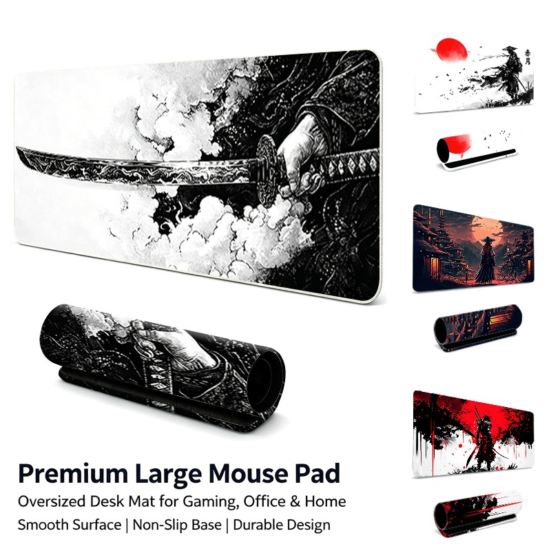 Samurai Guerreiro Katana Tinta Lavagem Gaming Mouse Pad , Borda Costurada Antiderrapante Borracha Impermeável Grande Tap