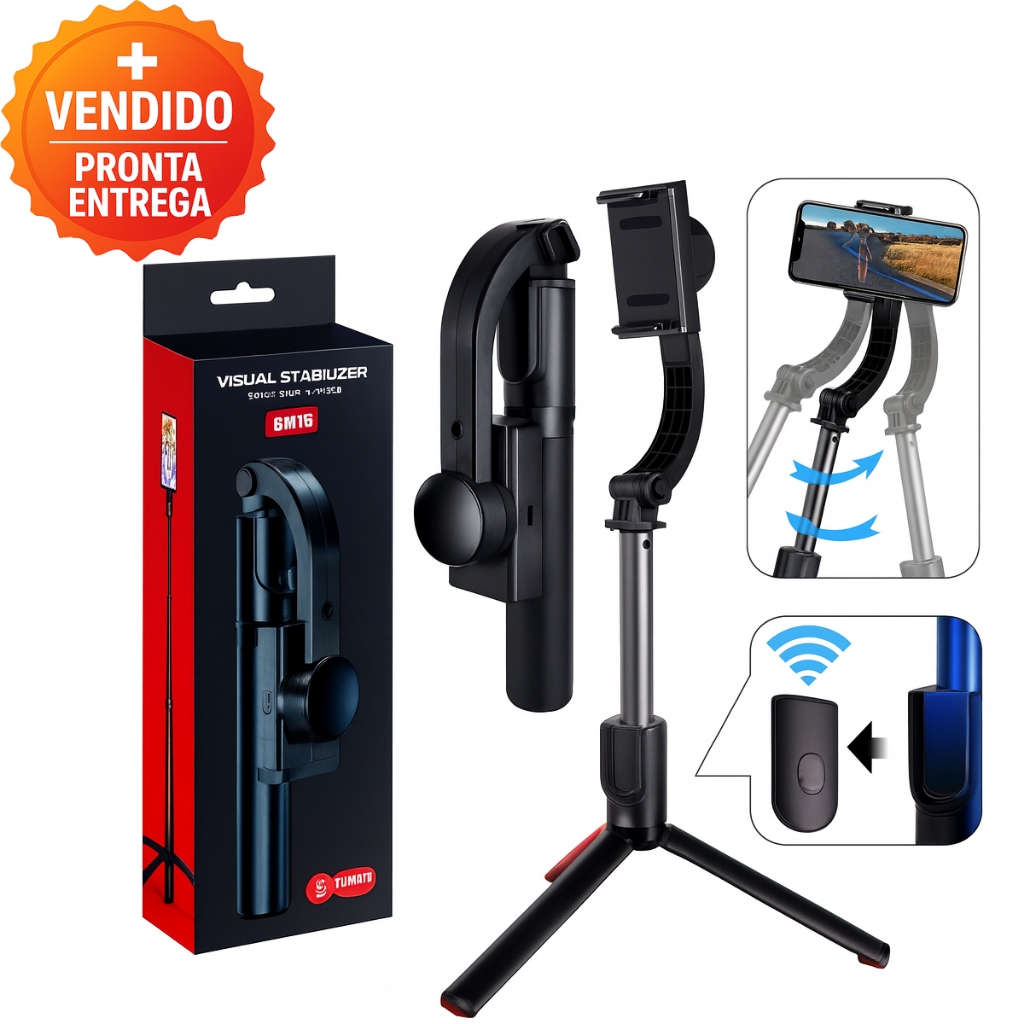 Bastão de Selfie com Tripé e Estabilizador Gimbal Controle Bluetooth Retrátil Portátil R15