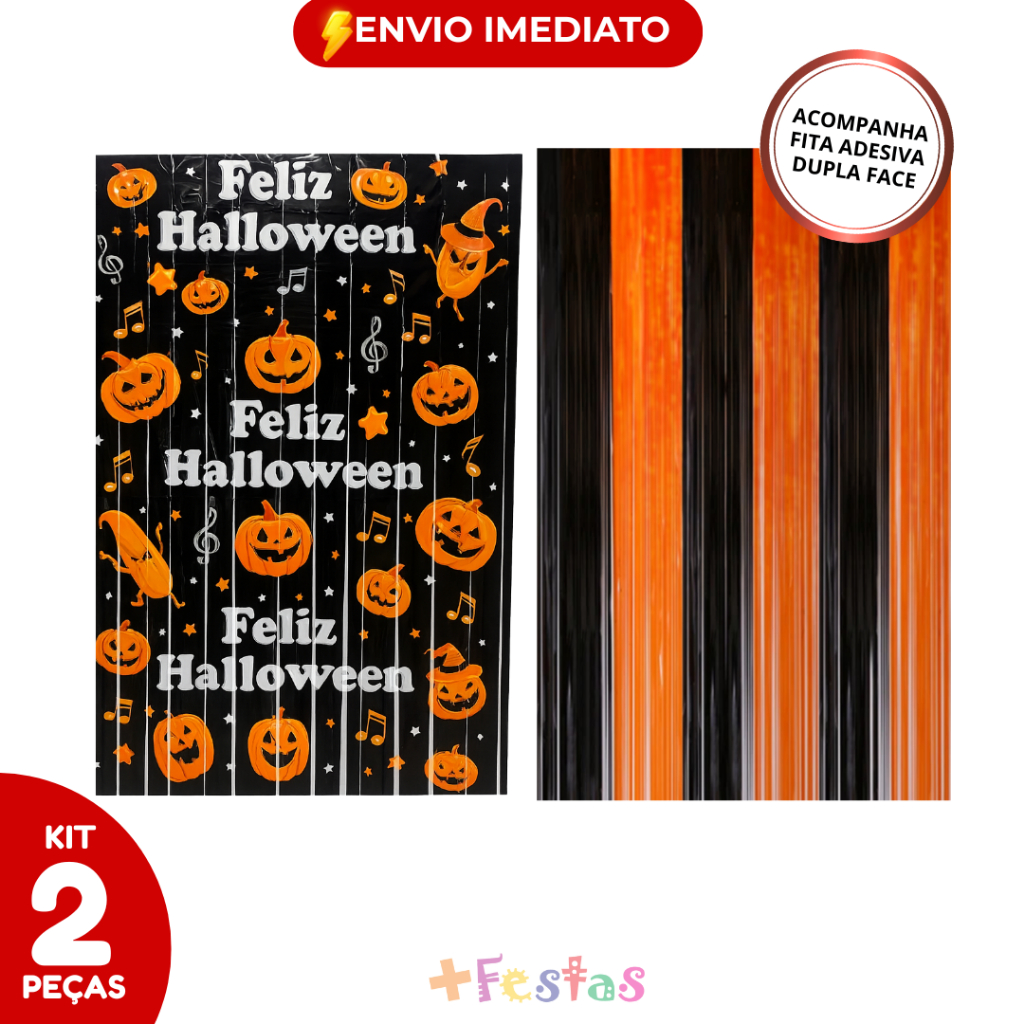 Kit 2/4 Cortina Metalizada Halloween Franja Laranja Preto Festa Shimmer Feliz Halloween 2metros