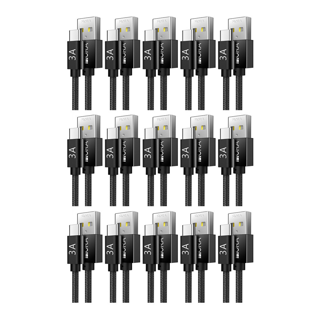 KIT 15x Cabo Usb A/C 1Hora, Macho/Macho Carga Rápida 3A 2Metro Preto