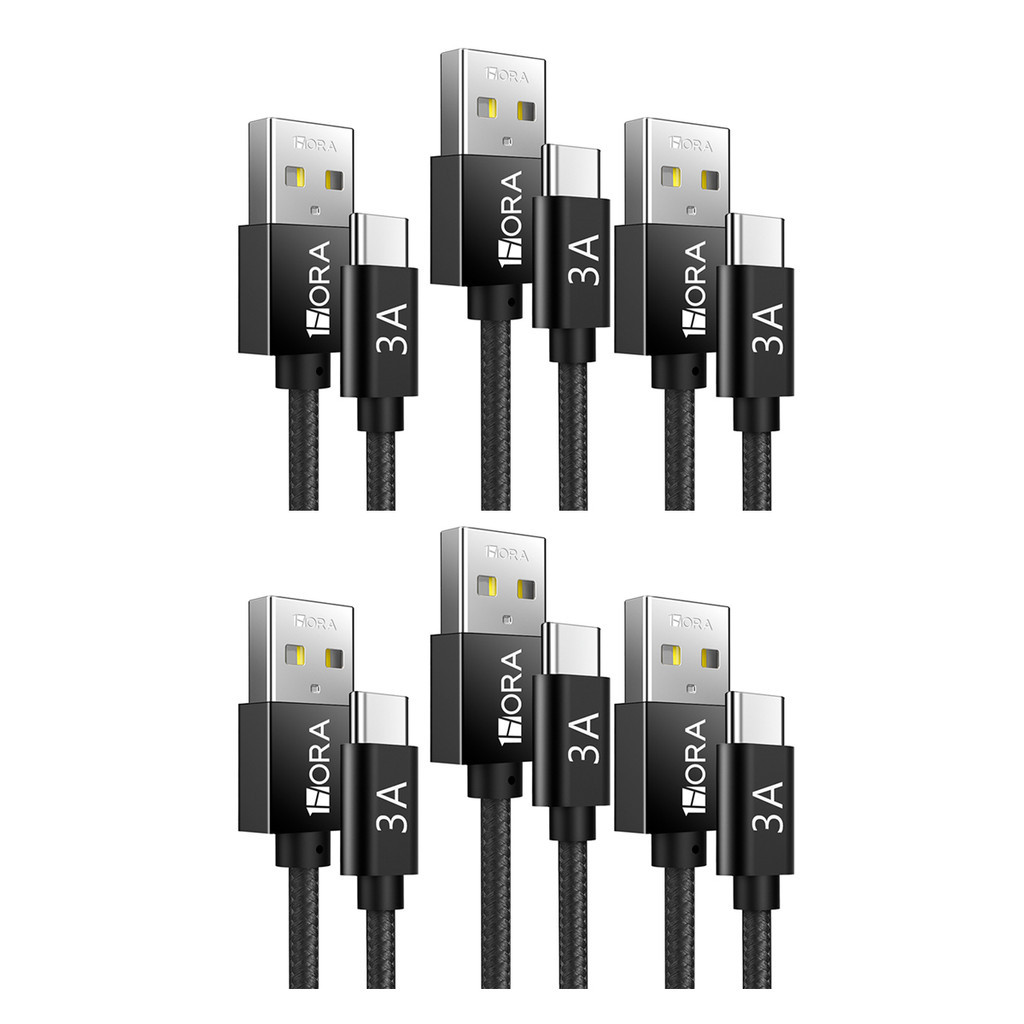 KIT 6x Cabo Usb A/C 1Hora, Macho/Macho Carga Rápida 3A 2Metro Preto