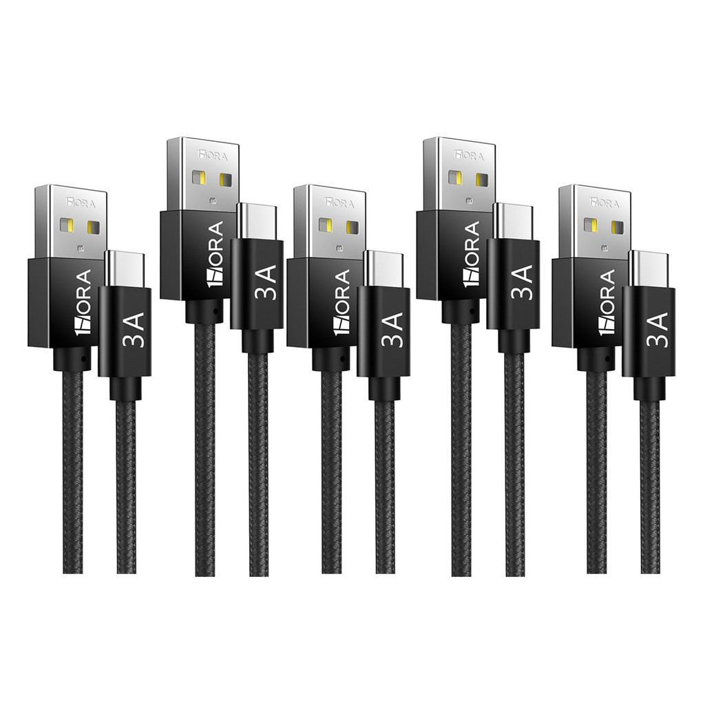 KIT 5x Cabo Usb A/C 1Hora, Macho/Macho Carga Rápida 3A 2Metro Preto