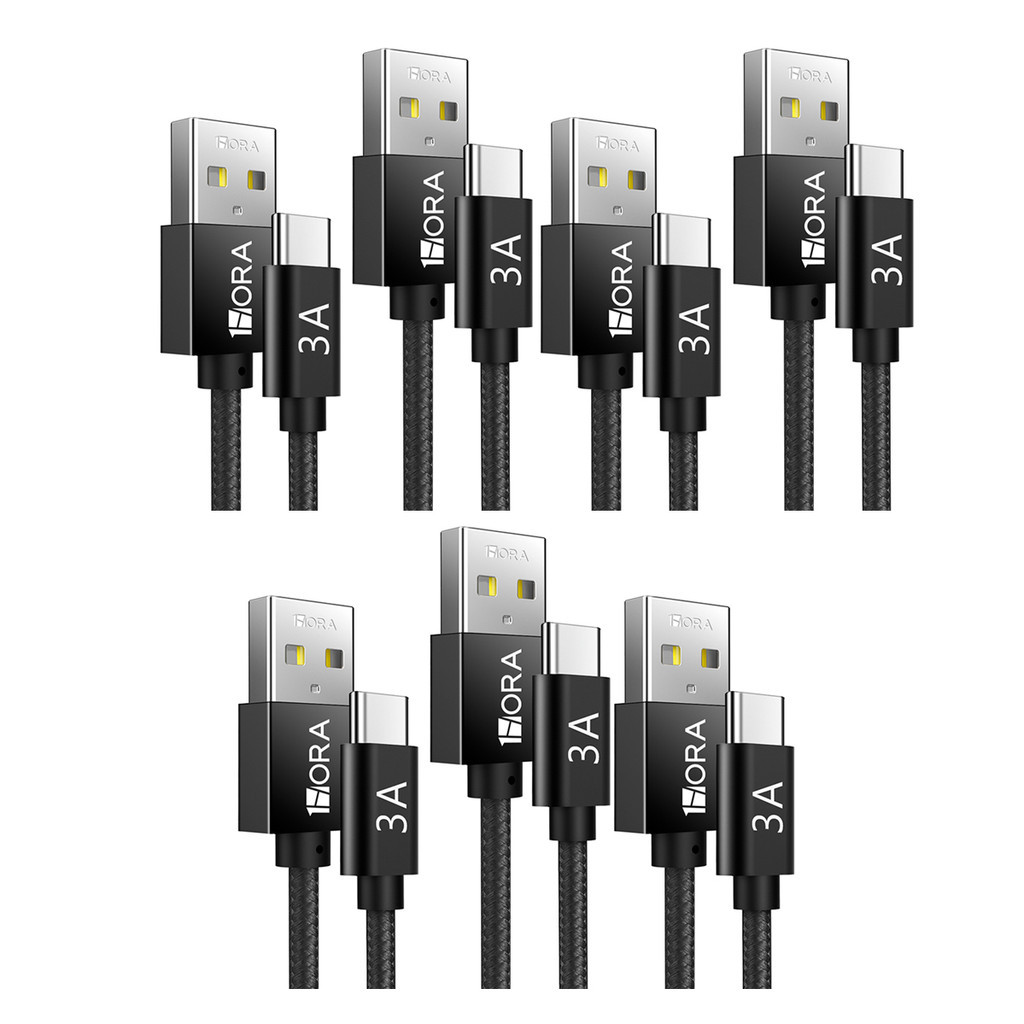 KIT 7x Cabo Usb A/C 1Hora, Macho/Macho Carga Rápida 3A 2Metro Preto