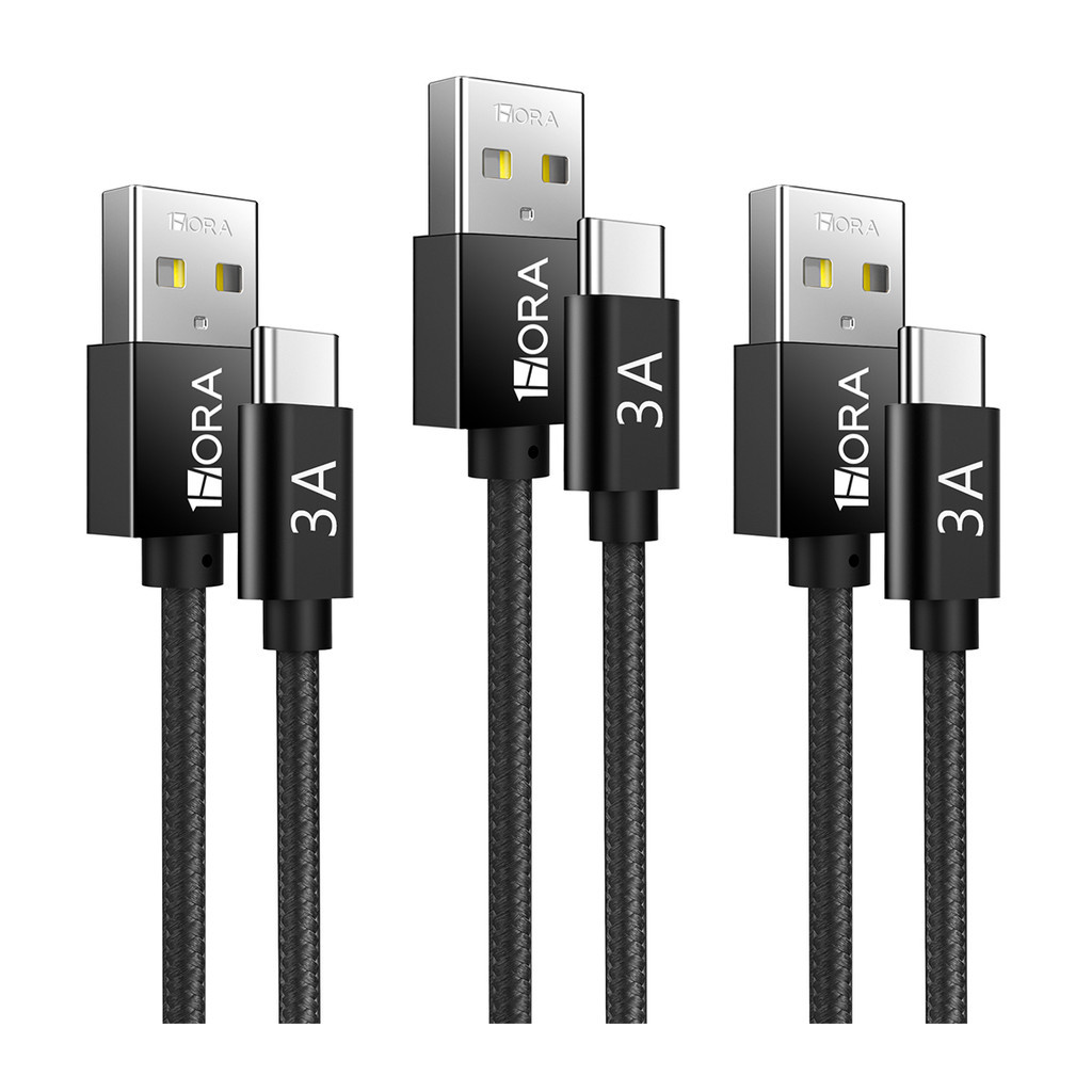 KIT 3x Cabo Usb A/C 1Hora, Macho/Macho Carga Rápida 3A 2Metro Preto