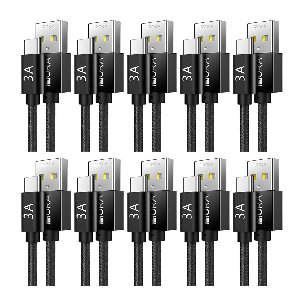 KIT 10x Cabo Usb A/C 1Hora, Macho/Macho Carga Rápida 3A 2Metro Preto