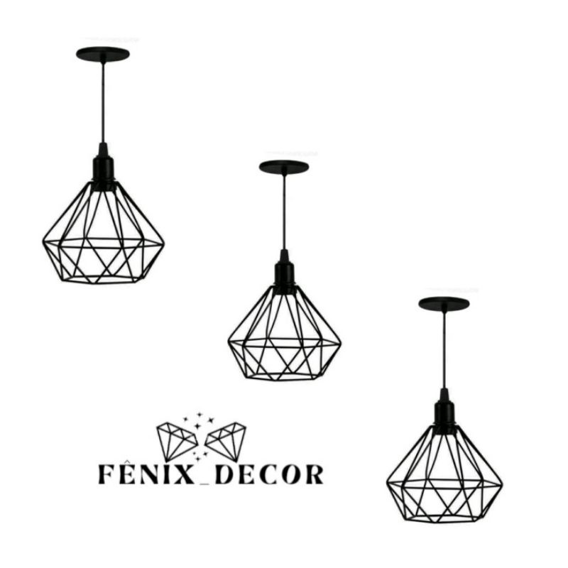 kit 3 Pendente Diamante Aramado Preto