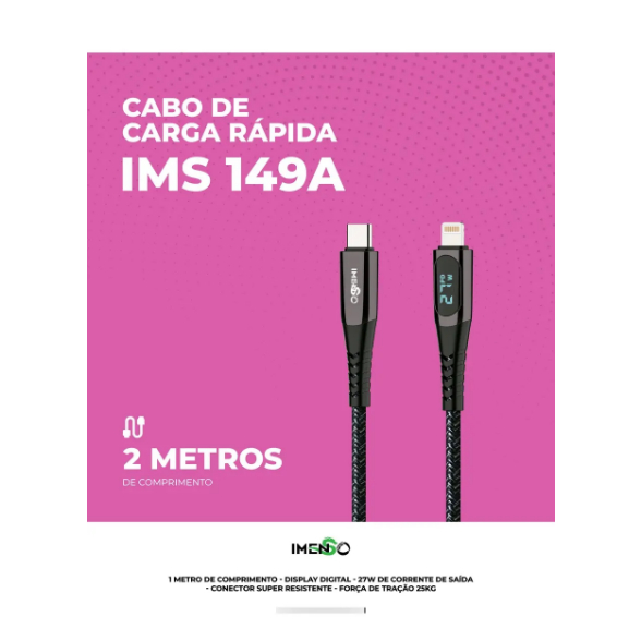 Cabo USB-C para Lightning Preto 2Metros  27W IMS-149A Carga Rápida