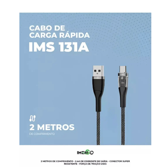 Cabo USB Para Tipo C Carga Rápida SAIDA MAX 5A 2Metros Preto IMS-131A Imenso