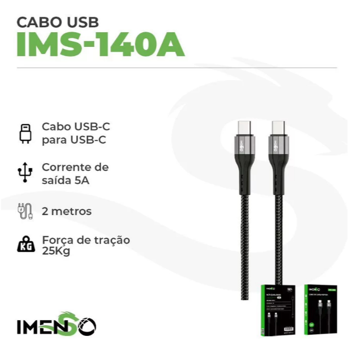Cabo Imenso IMS140A USB-C Para USB-C 2METROS de cabo de Nylon Trançado Preto