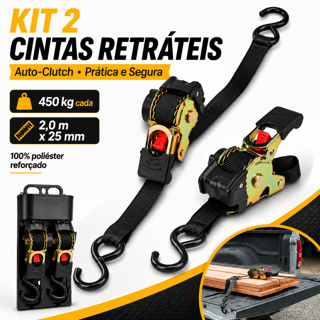 Kit 2x Cinta Catraca 2Metros Automática Fita Retrátil Moto Jet Ski Preto
