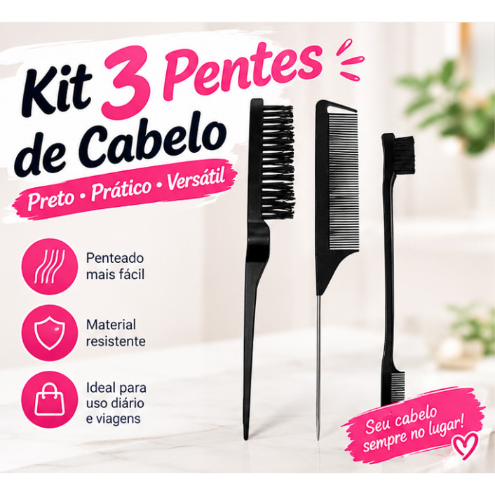 Kit 3 Pentes de Cabelo Resistente, Pente Largo, Fino e Modelador, Acessórios Profissional para Cabelo, Uso Diário Salão