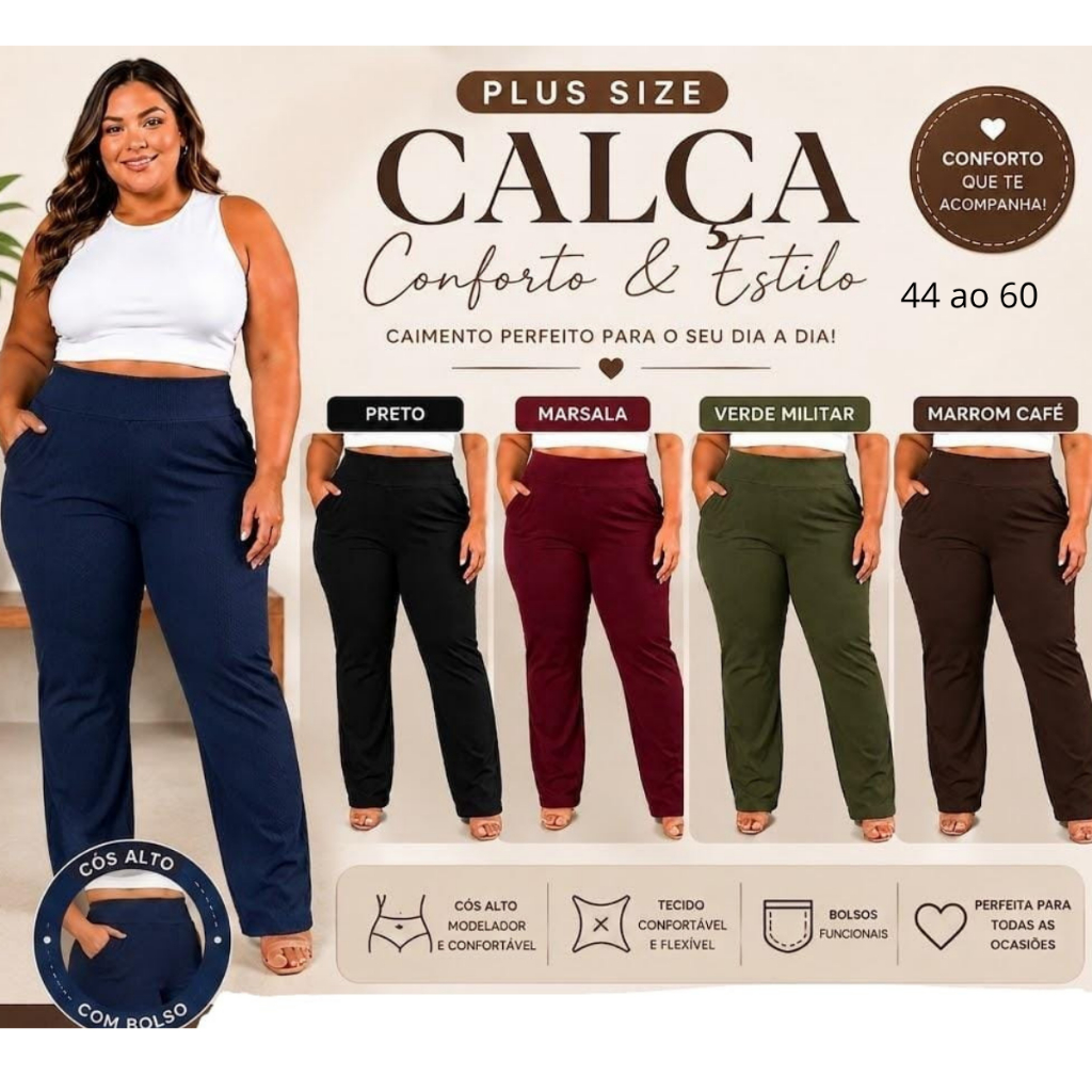 Calça Plus Size Feminina Malha Bolso Cintura Alta Tradicional Trabalho Passeio Gestante
