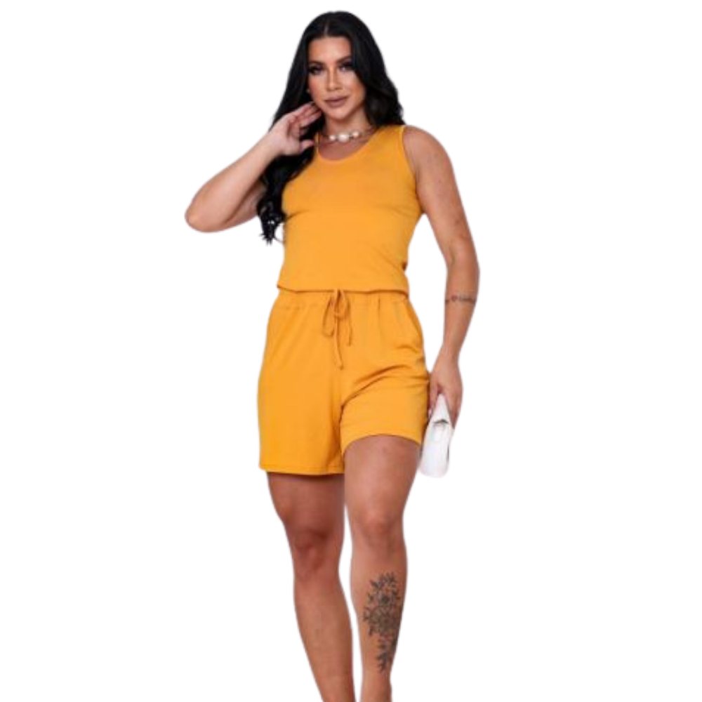 Conjunto Feminino Shorts e Regata com Bolso Cintura Ajustável